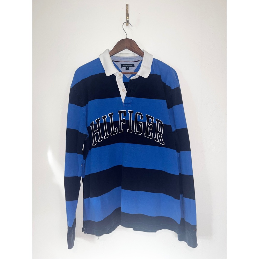 Tommy Hilfiger Mens XXL Blue Striped Long Sleeve Rugby Shirt Big Logo Polo